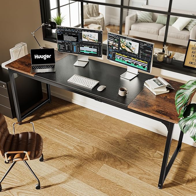Huuger Computer Desk, 70 Inch Office Desk, Gaming Desk with Storage, Writing Desk Work Desk for Home Office, Study, Long Simple Desk, Large Legroom, Metal Frame, Rustic Brown and Black-NeatNest