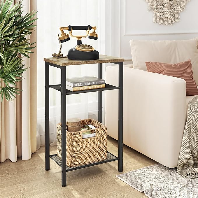 Hoctieon 2-Set 3 Tier End Table, Telephone Table Set of 2, Tall Side Table with Storage Set of 2, Small Nightstand for Small Spaces, Metal Frame, for Living Room, Bedroom, Sofa Couch, Hallway, Greige