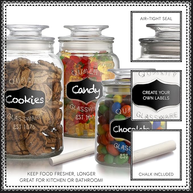 American Atelier Canister Set 3-Piece Glass Jars in 33oz, 44oz & 60oz Chic Retro w/ Airtight Lids, Chalkboard, for Cookies, Candy, Coffee, Flour, Sugar, Rice, Pasta, Cereal & More, Clear