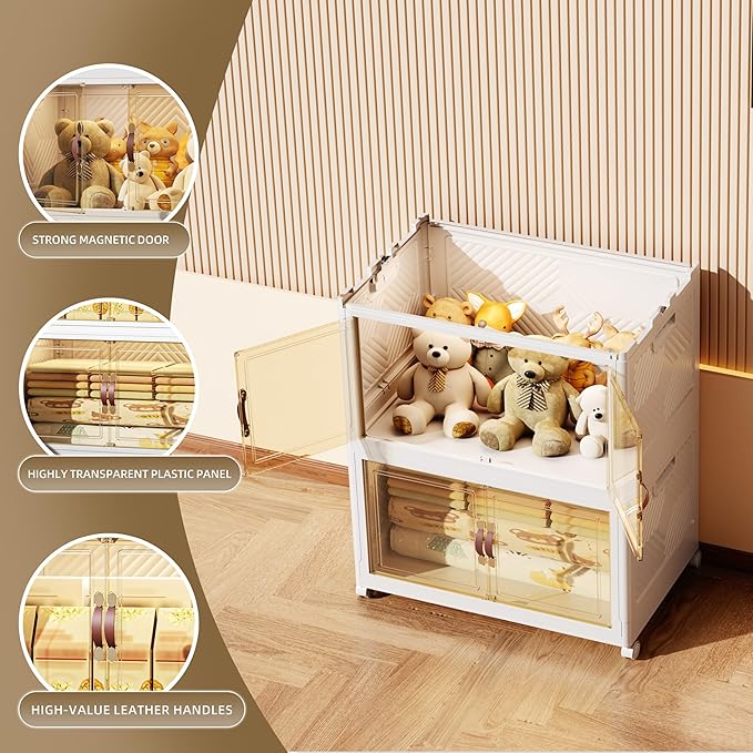 208 QT / 52 Gal Stackable Collapsible Storage Bins with Magnetic Doors & Wheels - Space-Saving Plastic Organizer Cabinet for Closet, Office, Home (White)-NeatNest
