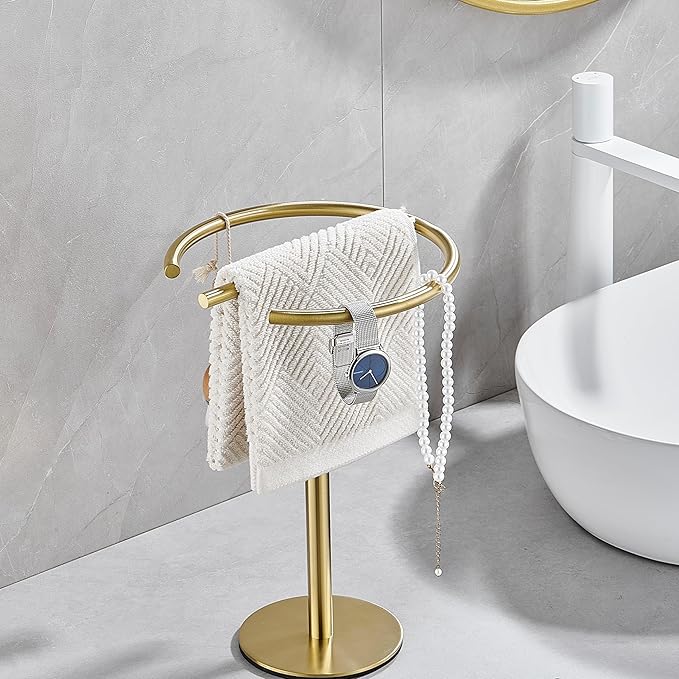 Hand Towel Holder Stand, Free-Standing Towel Rack Brushed Gold, SUS304 Stainless Steel Towel Bar Rack Stand, Tower Bar for Bathroom Kitchen Vanity Countertop