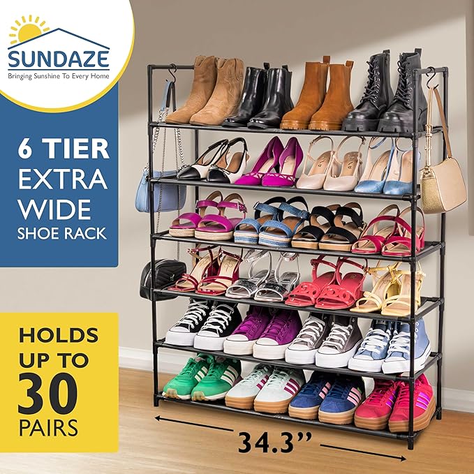 Sundaze Shoe Rack - 6 Tier Shoe Rack for Front Door Entrance, Sturdy Tall Shoe Organizer for Closet, Bedroom, Entryway, Garage, Non Woven Fabric Shelf, Black, Holds Up to 30 Pairs-NeatNest