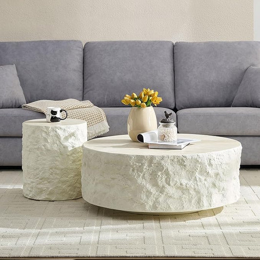 kevinplus Round Coffee Table Side End Table Set of 2 for Living Room, Modern Faux Stone Style, Fiberglass Material, No Assembly (Beige, 2-Pcs)