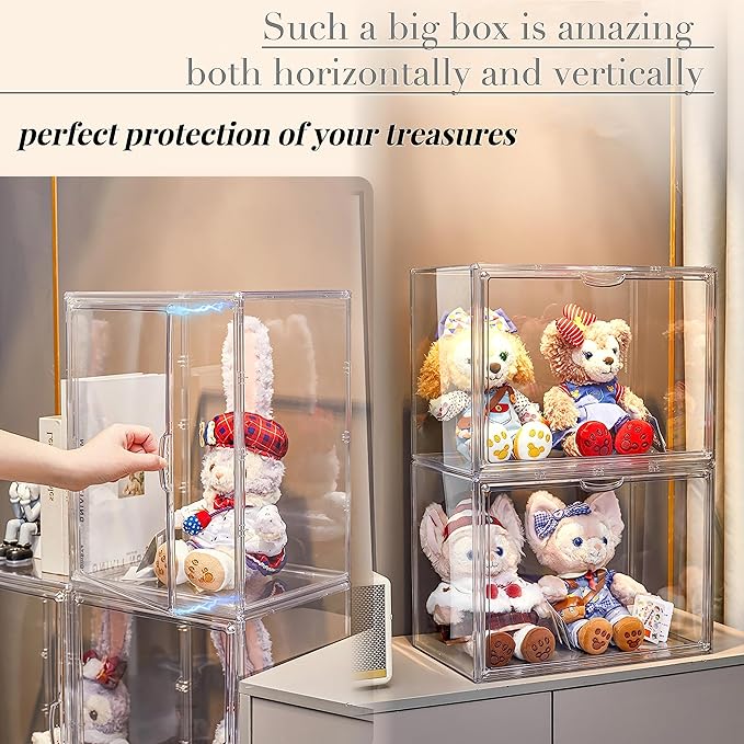 Attelite XXX-Large Clear Display Case Stackable Plastic Storage Bins with Lid, 2 Tiers Boot Shoe Box Organizers with an Adjustable Divider, Big Acrylic Display Storage Box with Magnetic Door