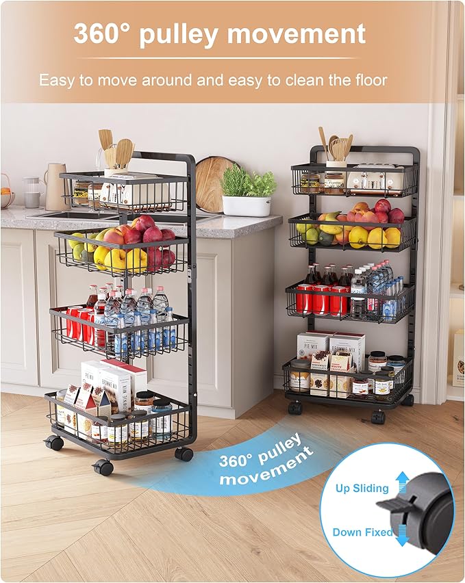 UMDONX 4-Tier Kitchen Storage Cart Metal Snack Cart Adjustable Fruit Basket on Wheels Stand Baskets for Potato Onion Produce Black