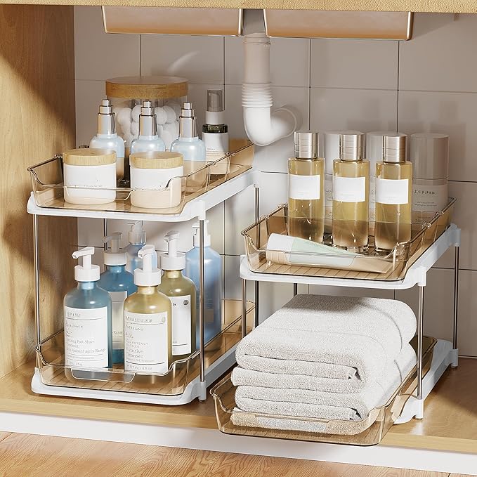 Delamu 2 Sets of 2-Tier Multi-Purpose Bathroom Under Sink Organizers and Storage, Stackable Kitchen Pantry Organization, Pull Out Medicine Cabinet Organizer with 8 Movable Dividers, Amber-NeatNest