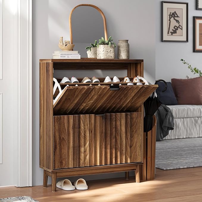 Shoe Cabinet with 2 Flip Fluted Panel Drawers, Hidden Shoe Organizer with Solid Wood Legs, Entryway Shoe Rack Cabinet for Hallway, Walnut