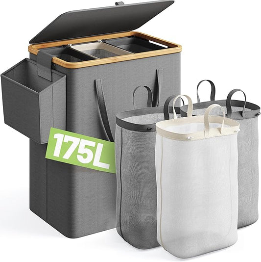 175L Laundry Hamper with Lid 3 Section, Extra Large Laundry Basket with 3 Removable Bags, 46 GAL Laundry Basket Organizer for Bedroom, Laundry Room, Dorm, Grey-NeatNest