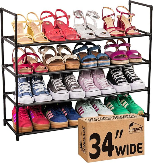 Sundaze Shoe Rack - 4 Tier Shoe Rack for Front Door Entrance, Sturdy Long Shoe Organizer for Closet, Bedroom, Entryway, Garage, Non Woven Fabric Shelf, Black, Holds Up to 20 Pairs-NeatNest