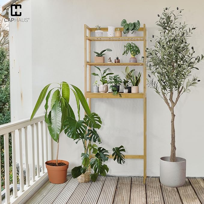 CAPHAUS Over The Toilet Storage Rack, 3-Tier Bamboo Bathroom Organizer Shelf Rack with Adjustable Feet &Hooks, Freestanding Toilet Shelf, Bathroom & Laundry Organizer, Balcony Plant Stand, Natural-NeatNest