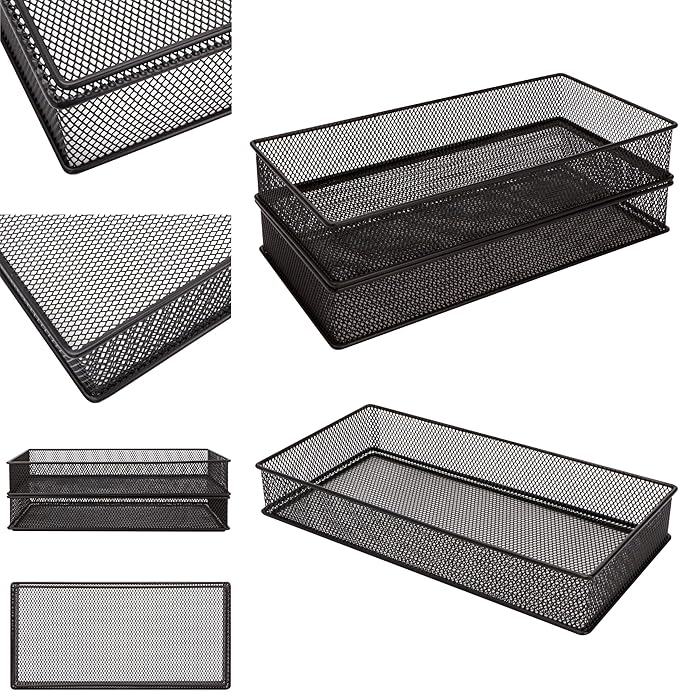 Annova Mesh Stackable Drawer Cabinet and Shelf Organizer Bins Storage Basket School Office Supply Holder Tray- Set of 2 (Black, 6x12x2 Inch)-NeatNest