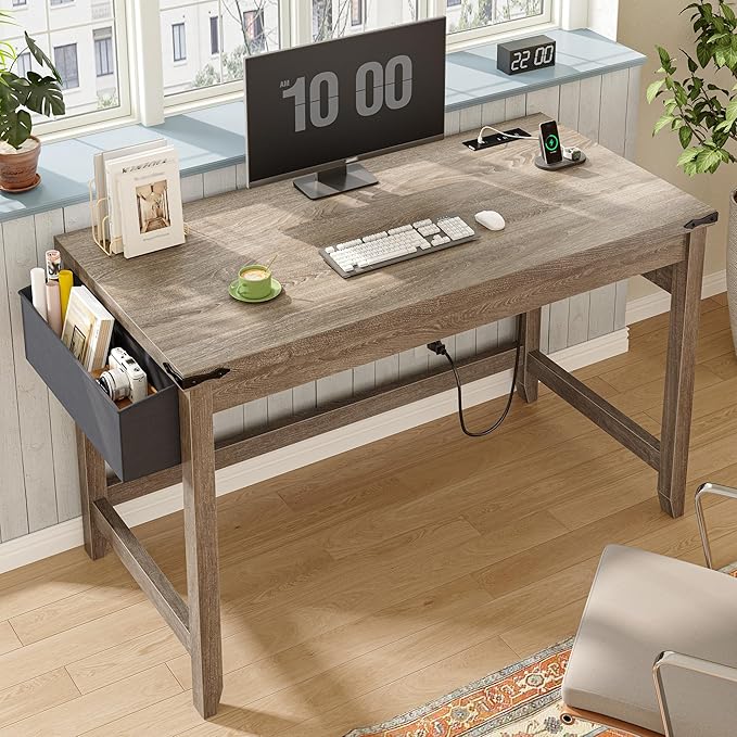 EnHomee 40 Inch Small Desk with Detachable Storage Bag, Modern Simple Computer Desk with Power Outlet, Study Writing Table for Small Spaces, Study Desks for Bedroom, Ash Gray-NeatNest