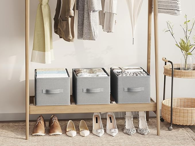 3 Pack Fabric Storage Bins for Shelves | 11.5x8.75x6.5in Closet Storage Baskets | Collapsible Storage Bins | Fabric Closet Organizers with Handles | Light Gray-NeatNest