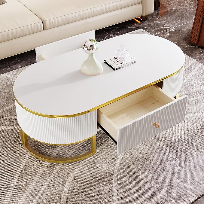 47.2" Modern Oval Coffee Table with Drawers, Curved Profile Design, Gold Metal Decor End Tables Sofa Table for Living Room Office Bedroom Balcony, White & Gold