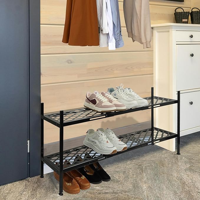 Shoe Rack for Closet, Expandable Shoe Organizer Metal Shelf Stand, 2 Tier Stackable Long Shoe Stand Holder for Floor, Entryway, Garage, Bedroom, Door Entrance for 12-18 Pairs, 45.6in Black-NeatNest