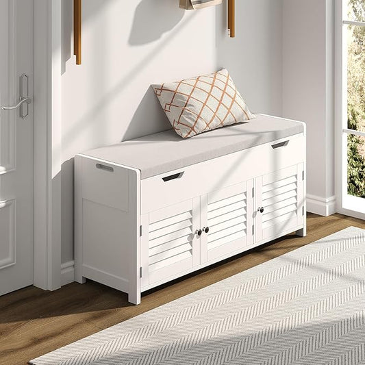 ChooChoo 41.3" Shoe Storage Bench with Lift Top Storage, Entryway Bench with Cushioned Seat, Adjustable Shelf, Shoe Cabinet with Hidden Space, for Entryway, Bedroom, Living Room, White-NeatNest