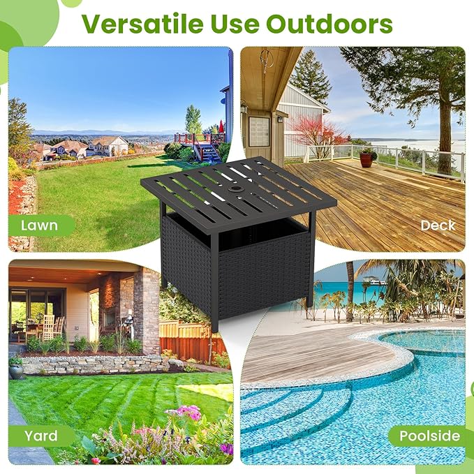 Patio Side Table with Umbrella Hole, 22" Rattan Wicker Umbrella Stand Table, Outdoor End Table for Patio, Garden, Poolside & Yard (Black)