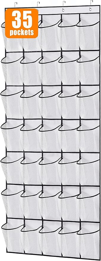 MISSLO 35 Large Pockets Over The Door Shoe Organizer Sturdy Oxford Fabric Hanging Shoe Rack for Door Mesh Closet Shoe Holder Hanger, White-NeatNest