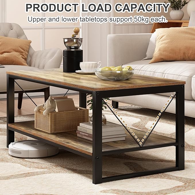 Rectangle Coffee Table Tea Table with Storage Shelf, Farmhouse Wooden Coffe Table for Living Room Table, 40" Rustic Center Table 2-Tier Minimalist Coffee Table Easy Assembly (Natural Wood)-NeatNest