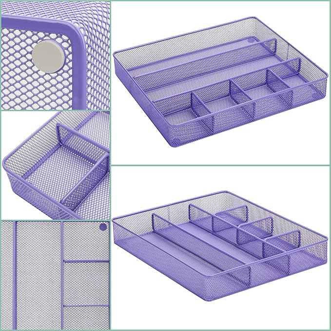 Annova Desk Top Organizer Tray for Office Organization - Metal Mesh - Storage Tray with Dividers for Pens, Desktop Accessories, Bathroom, Kitchen, Makeup and Office Supplies (Large, Purple)-NeatNest