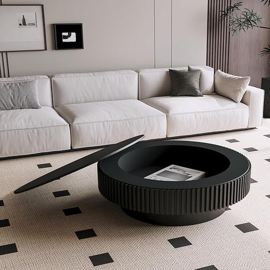 kevinplus 39.37'' Black Round Coffee Table Modern Wood Circle Fluted Drum Pedestal Coffee Table with Storage Space for Living Room, Easy Assembly, Black