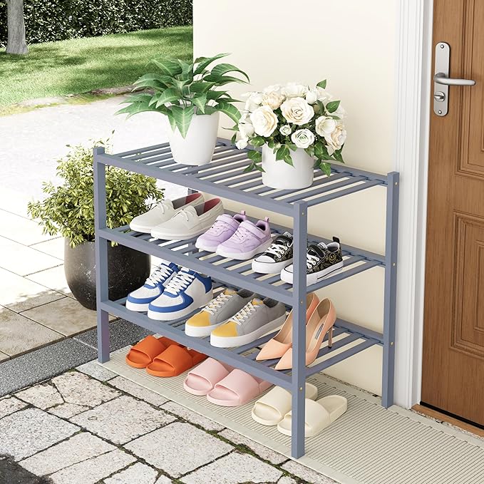 Smiry Shoe Rack, 3 Tier Thick Bamboo Shoe Organizer, Stackable Free Standing Wooden Shoe Storage Shelf for Closet, Entryway, Front Door Entrance, Grey-NeatNest