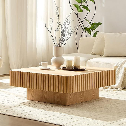 35.43" Square Fluted Drum Coffee Table, Handcrafted Accent Coffee Table Modern Contemporary Pedestal Table for Living Room Small Space - Oak