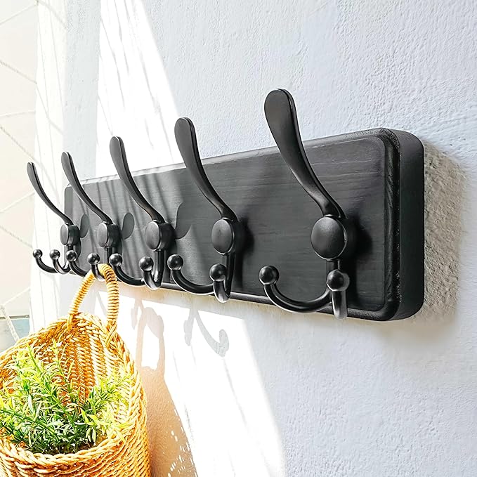 Dseap Coat Rack Wall Mounted - 5 Tri Hooks, Heavy Duty, Wooden Wall Coat Hanger Coat Hook for Clothes Hat Jacket Clothing, Black