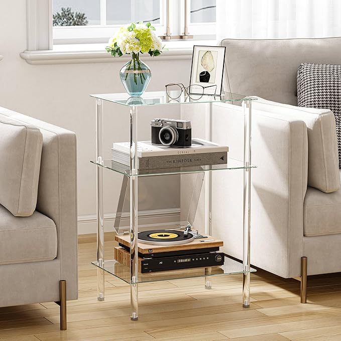 Tempered Glass Side Tables Set of 2 Acrylic End Table with 3 Storage Shelve transparent Bedside simplicity clear 3-Tier Nightstands small Spaces Office Bedroom Living Room Study Transparent ET-008TR3T