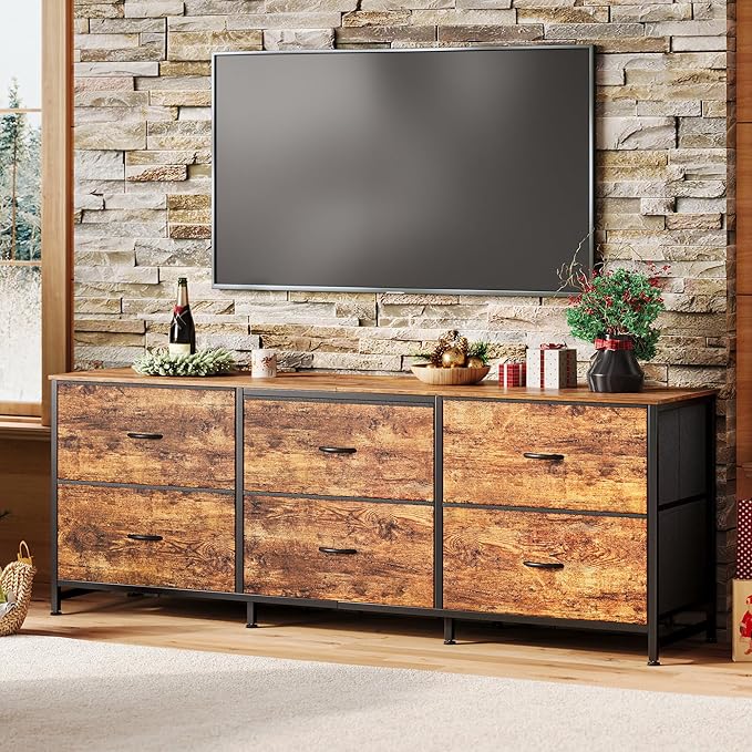 Huuger 63 Inch Long Dresser for Bedroom, Wide TV Stand for 55, 65, 70 Inch TV, 6 Drawer Dresser for Closet with Fabric Drawers, Storage Organizer for Bedroom, Entryway, Rustic Brown-NeatNest