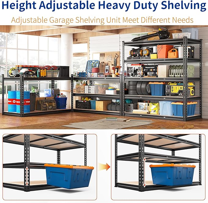 REIBII 48" W Garage Shelving Heavy Duty, 3000LBS Storage Shelves, 5-Tier Adjustable Metal Shelving, Garage Shelves Sturdy Industrial Shelf, Easy Assemble, 72" H x 48" W x 18" D-NeatNest