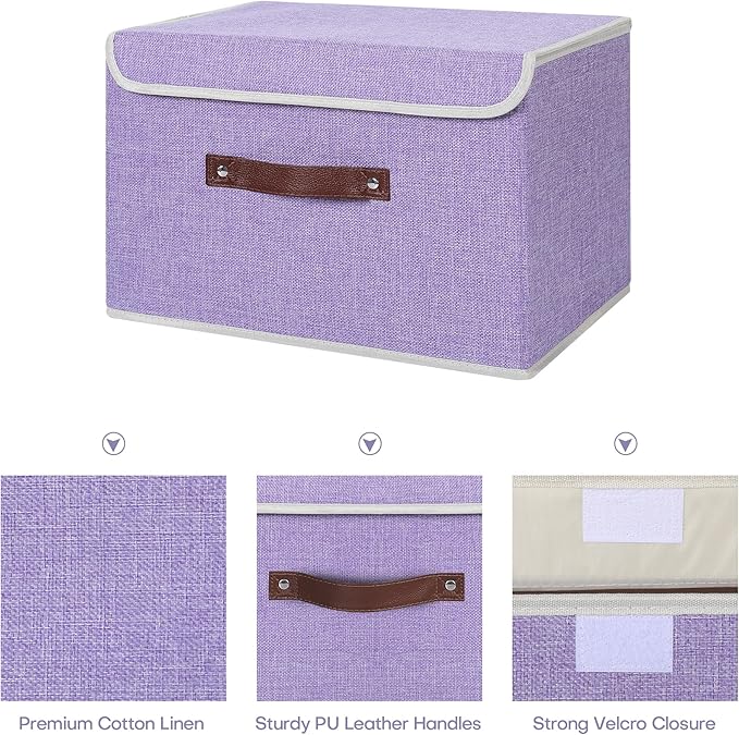 ANMINY 2PCS Storage Bins with Lid PU Leather Handles Storage Boxes PP Plastic Board Decorative Foldable Lidded Cotton Linen Fabric Home Cubes Baskets Closet Organizer Containers - Purple, Large Size-NeatNest