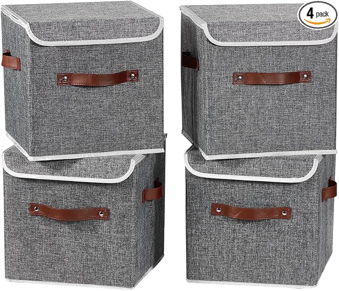 4PCS Storage Cubes with Lid Fabric Storage Bins Boxes PU Leather Handles Cotton Linen Closet Organizer Container Decorative Foldable Washable Shelf Cloth Basket (Flip-top Lid, Gray, 11in)-NeatNest