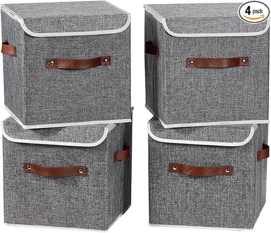 4PCS Storage Cubes with Lid Fabric Storage Bins Boxes PU Leather Handles Cotton Linen Closet Organizer Container Decorative Foldable Washable Shelf Cloth Basket (Flip-top Lid, Gray, 11in)-NeatNest