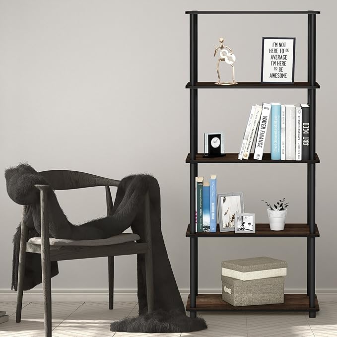Furinno Turn-N-Tube 5-Tier Multipurpose Shelf / Display Rack / Storage Shelf / Bookshelf, Round Tubes, Columbia Walnut/Black-NeatNest