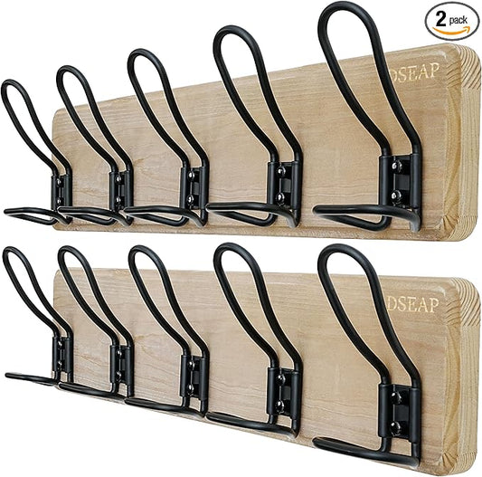 Dseap Coat Rack Wall Mounted - Heavy Duty Farmhouse Rustic Wall Coat Hanger with 5 Wire Hooks for Clothes Hat Jacket Towel, RusticWire, G25A, Weathered Brown & Black, Pack of 2-NeatNest