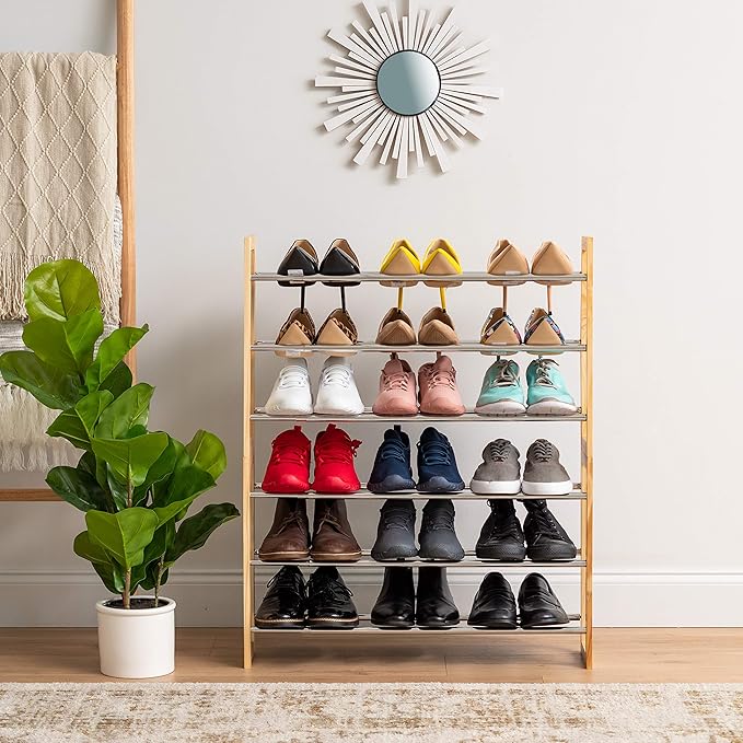 IRIS USA 3-Tier Shoe Rack, Up to 15 Pairs, 25" - 46"L Extendable Shoe Shelf, for Entryway Mudroom, Extendable Shoe Organizer for Closet, Stackable Shoe Storage, Metal Shoe Shelf for Small Space