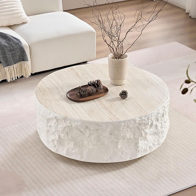 kevinplus Round Coffee Table Side End Table Set of 2 for Living Room, Modern Faux Stone Style, Fiberglass Material, No Assembly (Beige, 2-Pcs)