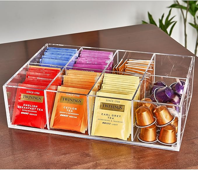 Acrylic Tea Bag Organizer - Clear Tea Storage Box, K Cup Coffee Pods Holder with 8 Compartments, Tea Station Organizer for Countertop, Modern Tea Display Stand-NeatNest