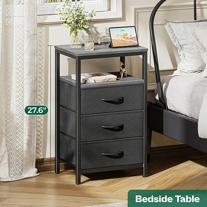 Huuger Nightstands Set of 2, 27.6 Inch End Tables with Charging Station, Fabric Drawers, Bedside Tables with USB Port and Outlet, Night Stands for Bedroom, Charcoal Gray