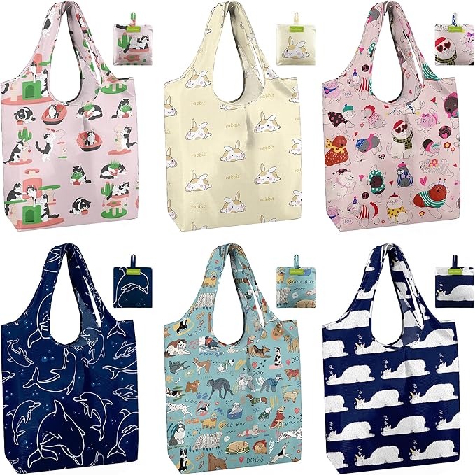 BeeGreen Reusable Grocery Bags 6 Pack, Heavy Duty Totes for Women, Foldable Grocery Bag Large Shopping Totes with Handles for Work, Travel, Gift, Store, Polyester Washable Reusable Tote Bag-NeatNest
