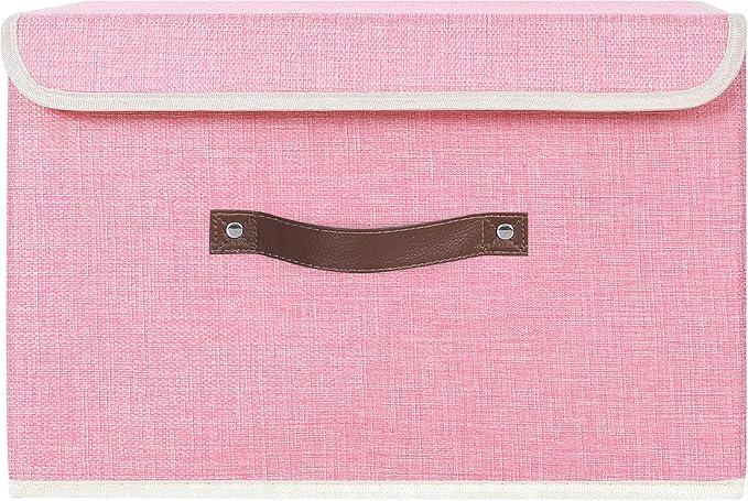 ANMINY Storage Bin with Lid Storage Boxes with PU Leather Handles PP Plastic Board Decorative Foldable Lidded Cotton Linen Fabric Home Cubes Baskets Closet Organizer Container - Pink, Large Size-NeatNest