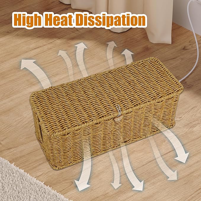 Cable Management Box, Upgrade 2PCS Large & Extra Large Cable Organizer Box, Handmade Rattan Floor Cord Covers with 4 Open Slots, Cord Box Hider for Power Strips, Wires Storage