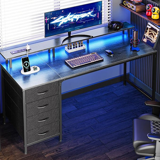 Huuger 55 Inch Computer Desk with Power Outlets and LED Lights, Gaming Desk with 4 Drawers, Office Desk with Monitor Stand, Study Work, Home Office, Gray-NeatNest