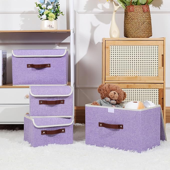 ANMINY 2PCS Storage Bins with Lid PU Leather Handles Storage Boxes PP Plastic Board Decorative Foldable Lidded Cotton Linen Fabric Home Cubes Baskets Closet Organizer Containers - Purple, Small Size-NeatNest