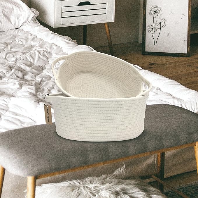 2PACK Small Woven Storage Basket for Organizing|Cotton Rope Basket for Closet Shelving Storage|Gift Basket for Empty with Handles for Toys, Books for Living Room, Bedroom（White）