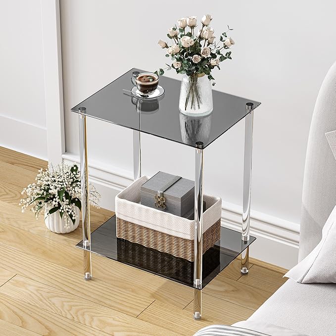 Tempered Glass Side Tables Set of 2 Acrylic End Table with 2 Storage Shelve transparent Bedside simplicity clear 2-Tier Nightstands for small Spaces Office Bedroom Living Room Study black ET-008BK