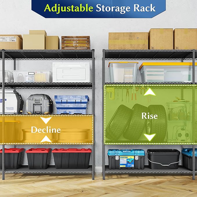 52.36" W Storage Shelves Metal Shelving Unit Load 1400LBS 5 Tier Wire Rack for Storage Adjustable Garage Shelving Heavy Duty Shelves for Pantry Kitchen Garage, 52.36W x13.78Dx70.8H-NeatNest