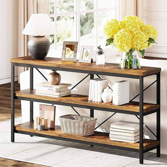 3-Tier Console Table, 55.1" Entryway Table with Metal Frame and Open Shelves, Modern Behind Couch Sofa Table for Living Room, Hallway, Foyer, Entrance, Industrial, Bookshelf, Rustic Brown-NeatNest