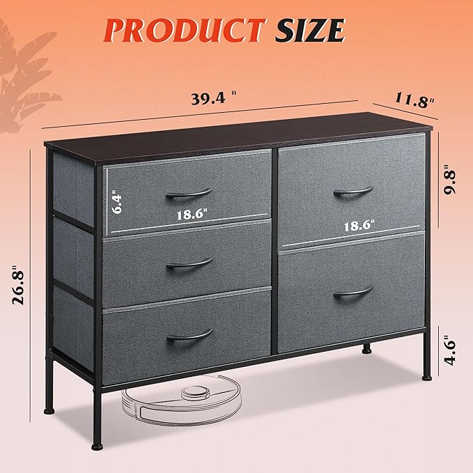 WLIVE Dresser for Bedroom with 5 Drawers, Wide Bedroom Dresser with Drawer Organizers, Chest of Drawers, Fabric Dresser for Living Room, Closet, Hallway, Dark Grey-NeatNest